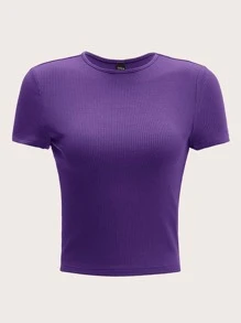 SHEIN EZwear 素色羅紋針織T恤 - 紫羅蘭色 - 查看 1