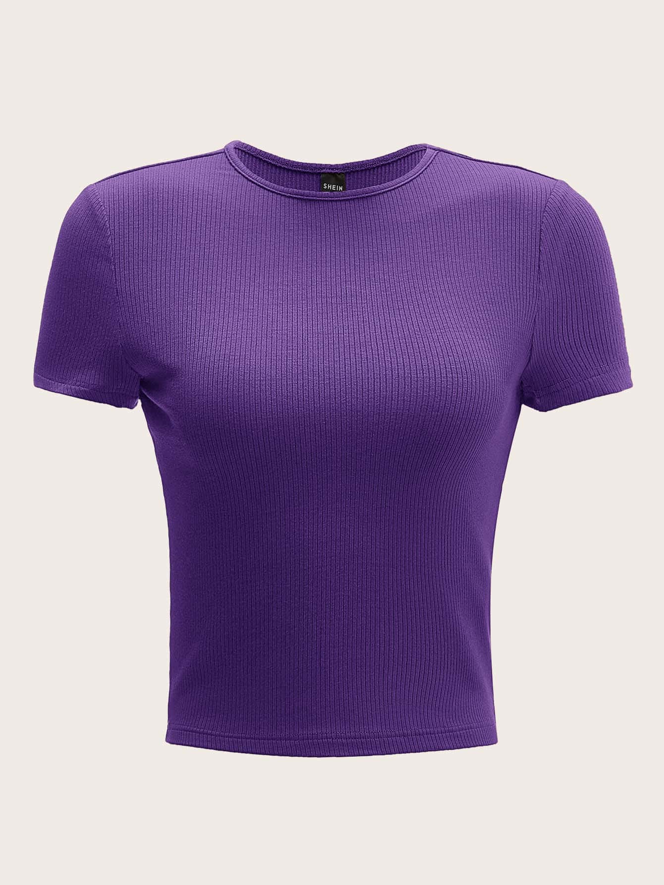 SHEIN EZwear 素色羅紋針織T恤 - 紫羅蘭色 - 查看 1