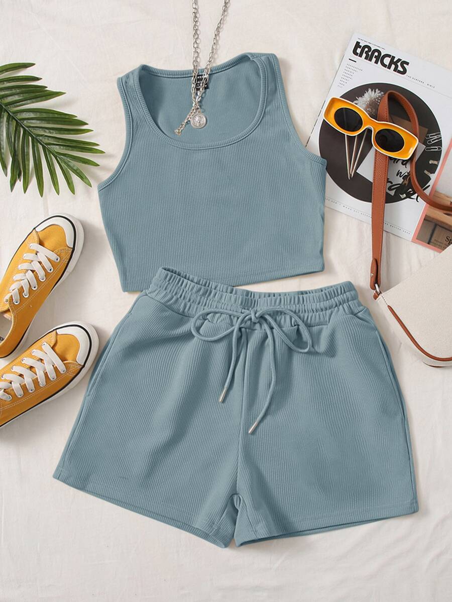 SHEIN EZwear Scoop Neck Tank Top and Track Shorts - Dusty Blue - View 1