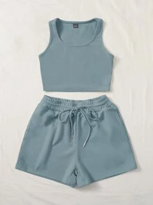 SHEIN EZwear Scoop Neck Tank Top and Track Shorts - Dusty Blue - View 3