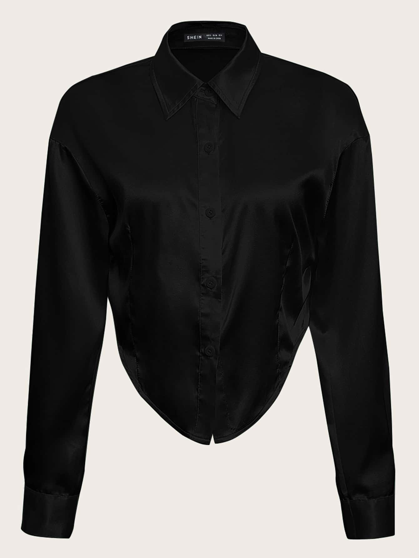 SHEIN Essnce Women Blouses Asimetris Tombol Depan Plain Anggun - Hitam - View 1