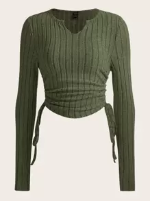 Muchica Notched Neck Drawstring Side Tee - Army Green - View 1