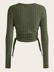 Muchica Notched Neck Drawstring Side Tee - Army Green - View 2