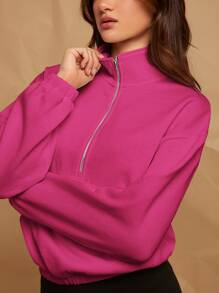 SHEIN EZwear 落肩袖半拉鏈門襟運動衫 - 玫紅色 - 查看 3