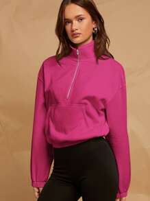 SHEIN EZwear 落肩袖半拉鏈門襟運動衫 - 玫紅色 - 查看 5