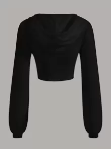 SHEIN EZwear Sudadera corta con capucha con cordón y cremallera para otoño/invierno - Negro - Ver 2