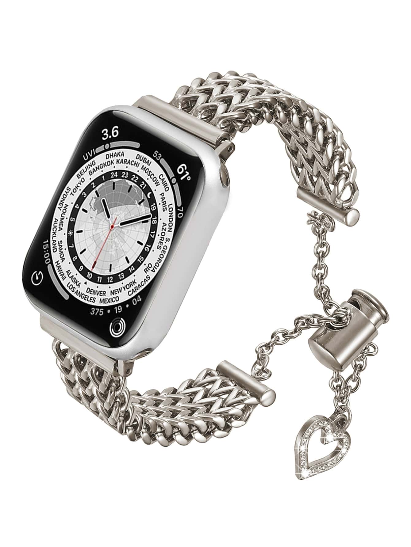 不銹鋼手錶帶，適用於Apple手錶38/40/41/42/44/45/49mm女性/女孩時尚美麗的可愛閃亮金屬手鐲更換皮帶，適用於Apple手錶系列8 7 6 5 4 3 2 1 Se。獨特的心形設計更加優秀，充滿女性魅力。304不鏽鋼手錶帶，堅固，精緻，舒適，適合5.5-8.1英寸女性手腕。閃亮的珠寶手鐲手錶帶讓您的手錶更加精美。帶有扣子和拉繩鎖的鏈帶可以輕鬆調節，無需工具，適合生日，婚禮，聖誕節，情人節，感恩節和其他節日禮物。它將給您的家人，朋友或心愛的人帶來驚喜。請注意：這只是一個用於Apple手錶的替換帶，不是手錶本身！ - 香檳色 - 查看 1