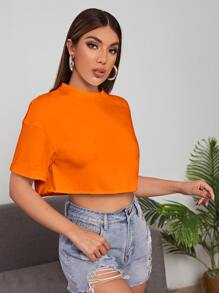 SHEIN EZwear 落肩袖素色短款上衣 - 橘色 - 查看 1