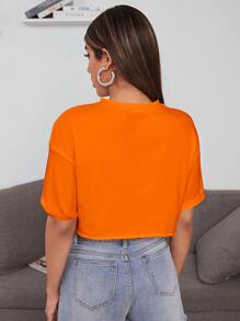 SHEIN EZwear 落肩袖素色短款上衣 - 橘色 - 查看 2