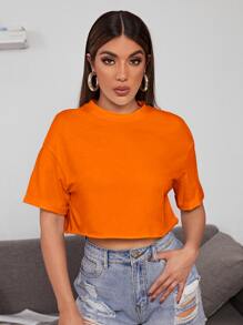 SHEIN EZwear 落肩袖素色短款上衣 - 橘色 - 查看 3