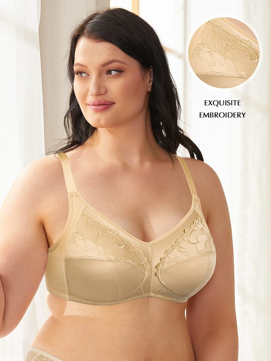 WINGSLOVE Plus Size Contrast Lace Full Coverage Bra - Apricot - View 1