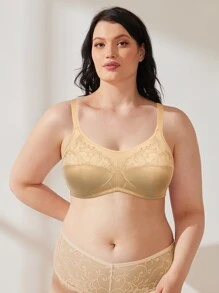 WINGSLOVE Plus Size Contrast Lace Full Coverage Bra - Apricot - View 4