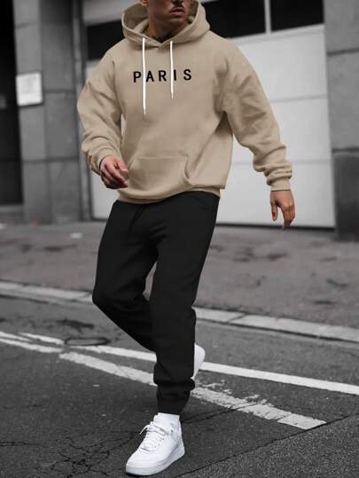 Men Letter Graphic Kangaroo Pocket Drawstring Hoodie u0026 Shorts | SHEIN