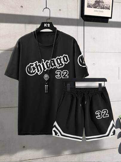 للرجال بطباعة أحرف تي شيرت و مقلم مخطط بنطلون قصير