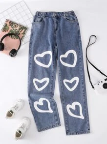 Teen Girls Heart Print Straight Leg Jeans - Light Wash - View 1