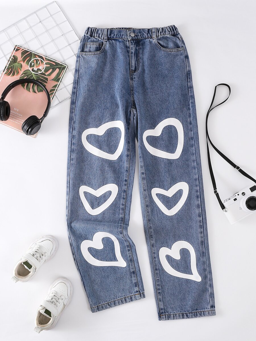 Teen Girls Heart Print Straight Leg Jeans - Light Wash - View 1