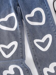 Teen Girls Heart Print Straight Leg Jeans - Light Wash - View 5