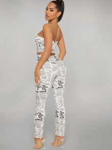 SHEIN Newspaper Print Denim Tube Top And Jeans Set - Black and White - View 2
