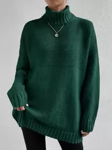SHEIN Essnce Turtleneck Drop Shoulder Jumper - Dark Green - View 1