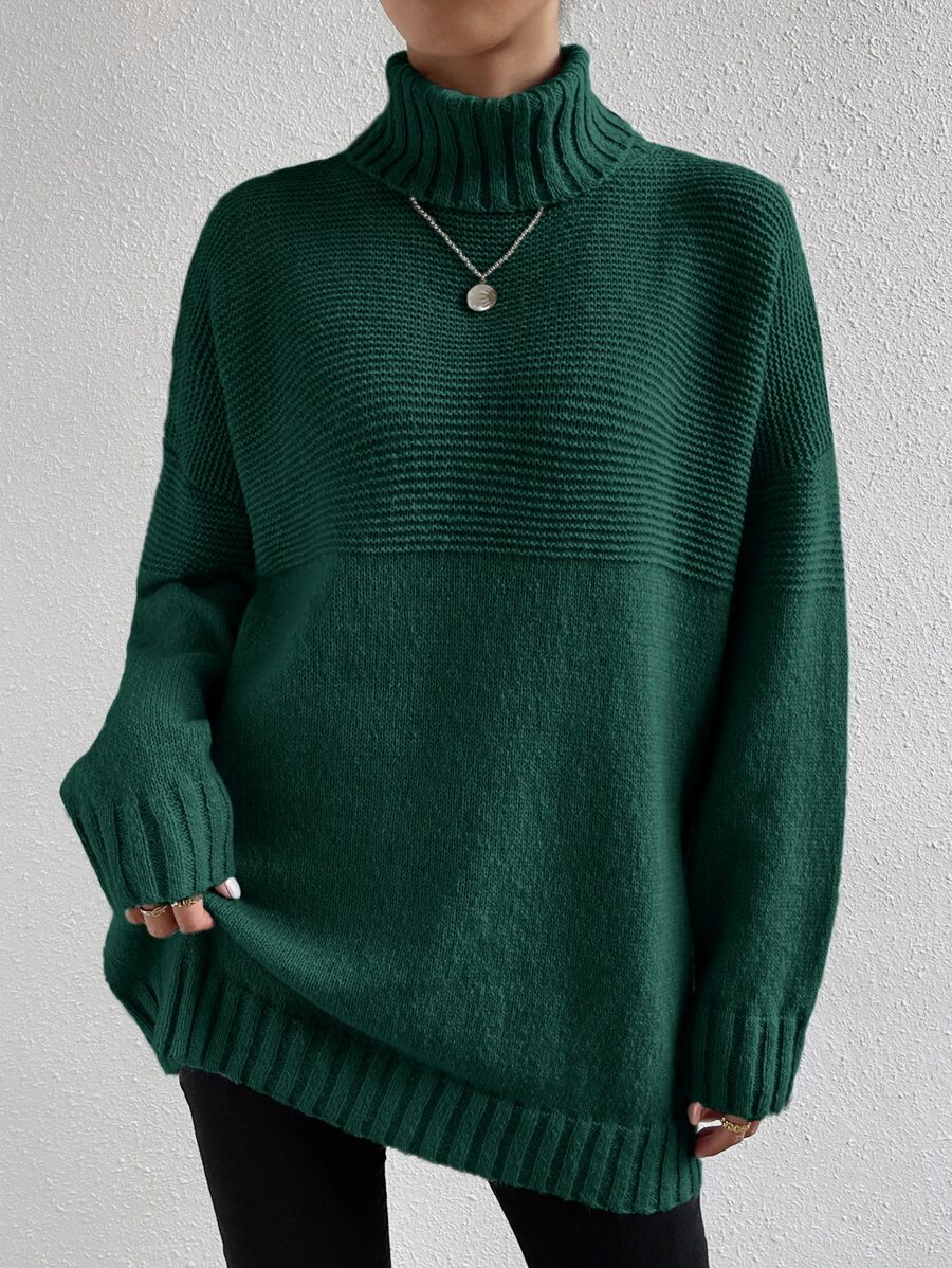 SHEIN Essnce Turtleneck Drop Shoulder Jumper - Dark Green - View 1