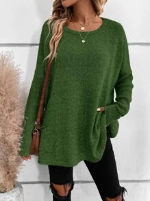 SHEIN LUNE Solid Batwing Sleeve Pocket Detail Jumper - Army Green - View 1