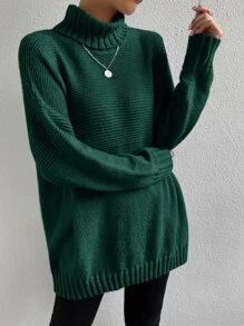 SHEIN Essnce Turtleneck Drop Shoulder Jumper - Dark Green - View 3