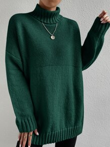 SHEIN Essnce Turtleneck Drop Shoulder Jumper - Dark Green - View 4
