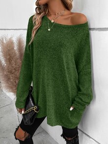 SHEIN LUNE Solid Batwing Sleeve Pocket Detail Jumper - Army Green - View 5