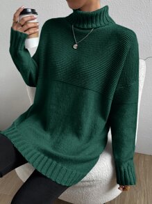 SHEIN Essnce Turtleneck Drop Shoulder Jumper - Dark Green - View 6