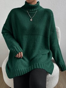SHEIN Essnce Turtleneck Drop Shoulder Jumper - Dark Green - View 7