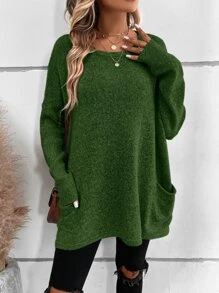 SHEIN LUNE Solid Batwing Sleeve Pocket Detail Jumper - Army Green - View 6