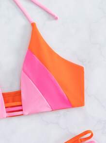 SHEIN Swim Summer Beach Color Block Bikini Set Cut Out Halter Wireless Bra & Bikini Bottom 2 Pieces Bikini - Multicolor - View 4