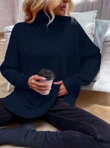 SHEIN LUNE Jersey cuello alto de hombros caídos bajo con abertura - Azul Marino - Ver 1