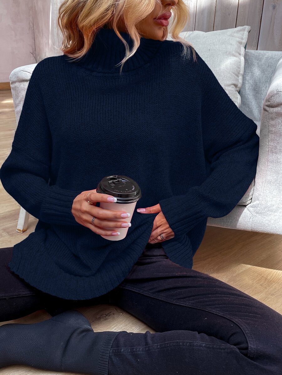 SHEIN LUNE Jersey cuello alto de hombros caídos bajo con abertura - Azul Marino - Ver 1