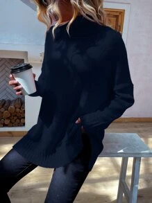 SHEIN LUNE Jersey cuello alto de hombros caídos bajo con abertura - Azul Marino - Ver 3