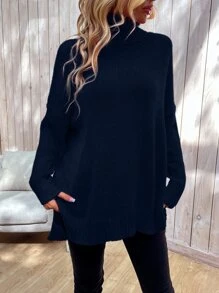 SHEIN LUNE Jersey cuello alto de hombros caídos bajo con abertura - Azul Marino - Ver 5