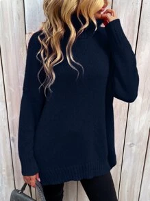 SHEIN LUNE Jersey cuello alto de hombros caídos bajo con abertura - Azul Marino - Ver 6