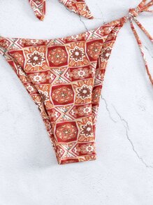 SHEIN Swim 夏季沙灘全印花打結前綁帶比基尼套裝 - 彩色 - 查看 4