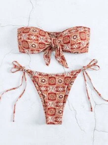 SHEIN Swim 夏季沙灘全印花打結前綁帶比基尼套裝 - 彩色 - 查看 1