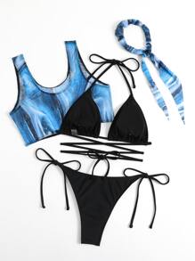 大理石印花露背三角形夏季沙灘比基尼套裝，附手帕頭巾