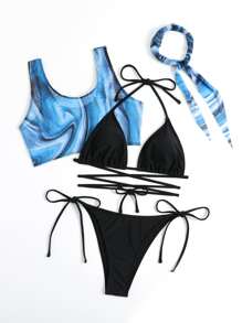 大理石印花露背三角形夏季沙灘比基尼套裝，附手帕頭巾