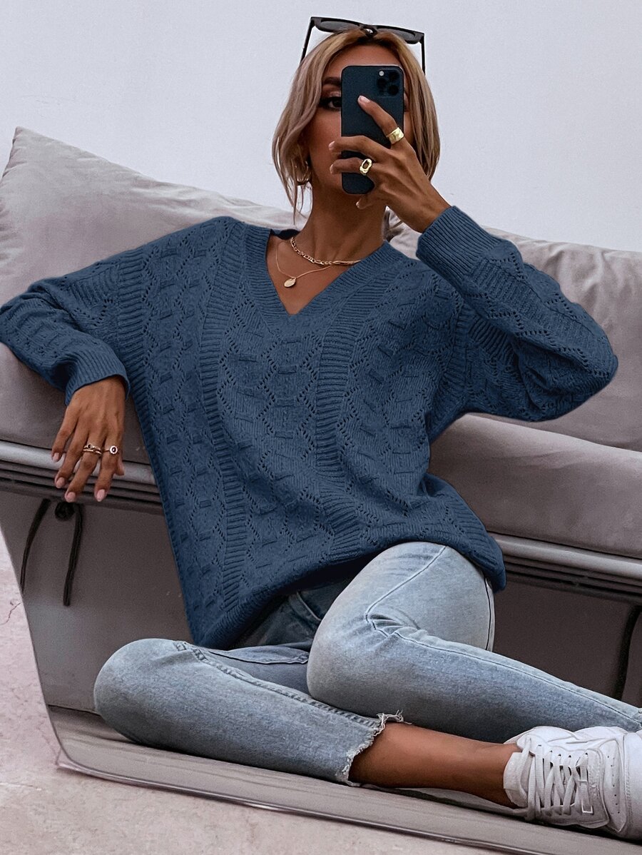 SHEIN LUNE Jersey de hombros caídos de punto de malla - Azul Marino - Ver 1