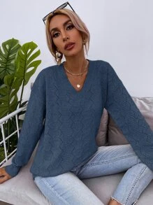 SHEIN LUNE Jersey de hombros caídos de punto de malla - Azul Marino - Ver 6