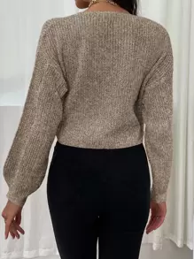 EMERY ROSE Lantern Sleeve Drawstring Ruched Front Sweater,Long Sleeve Tops Knit Pullover Fall Winter Outfit - Khaki - View 2