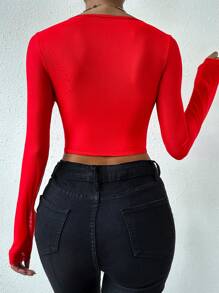 Zolique 不对称下摆短款紧身胸衣蕾丝上衣，适合新年节日派对服装 - 紅色 - 查看 2