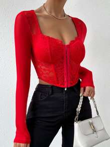Zolique 不对称下摆短款紧身胸衣蕾丝上衣，适合新年节日派对服装 - 紅色 - 查看 4