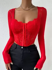 Zolique 不对称下摆短款紧身胸衣蕾丝上衣，适合新年节日派对服装 - 紅色 - 查看 5