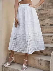 SHEIN Holidaya High Waist Guipure Lace Insert Skirt - White - View 7