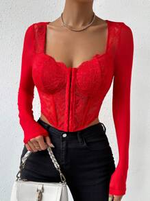 Zolique 不对称下摆短款紧身胸衣蕾丝上衣，适合新年节日派对服装 - 紅色 - 查看 6