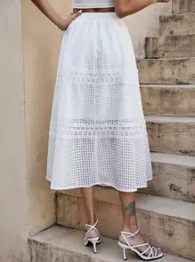 SHEIN Holidaya High Waist Guipure Lace Insert Skirt - White - View 2